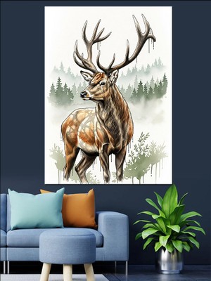 Artmeg Ormanda Geyik Karakalem Çizimi Dekoratif Kanvas - Mdf Ahşap Tablo
