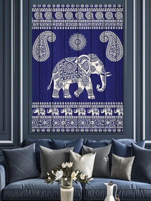 Artmeg Mavi Fil Desenli Kumaş Dekoratif Kanvas - Mdf Ahşap Tablo