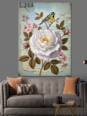 Karizma Tablo Beyaz Gül ve Kelebekler Dekoratif Kanvas - Mdf Ahşap Tablo