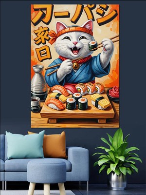 Karizma Tablo Sushi Yiyen Şans Kedisi Dekoratif Kanvas - Mdf Ahşap Tablo