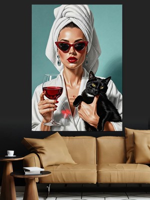 Artmeg Bornozlu Kadın ve Kedi Dekoratif Kanvas - Mdf Ahşap Tablo