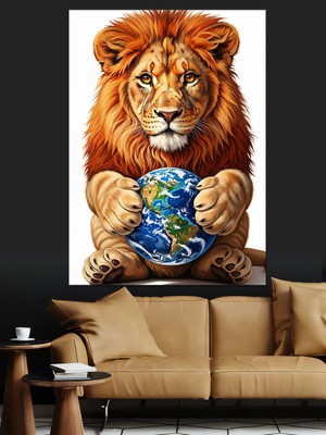 Artmeg Dünyayı Kucaklayan Aslan Kral Dekoratif Kanvas - Mdf Ahşap Tablo