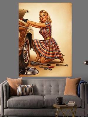 Tablomega Araba Tamir Eden Kadın Dekoratif Kanvas - Mdf Ahşap Tablo