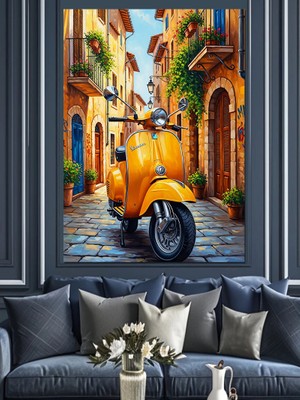 Artmeg Sarı Vespa Motosiklet Sokak Dekoratif Kanvas - Mdf Ahşap Tablo