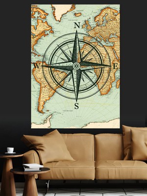 Artmeg Eski Pusula ve Harita Dekoratif Kanvas - Mdf Ahşap Tablo