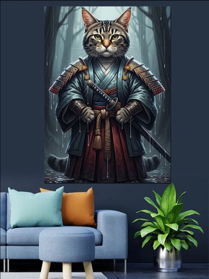 Artmeg Samuray Kedi Savaşçı Çizimi Dekoratif Kanvas - Mdf Ahşap Tablo