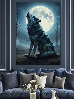 Tablomega Dolunayda Uluyan Kurt Resmi Dekoratif Kanvas - Mdf Ahşap Tablo