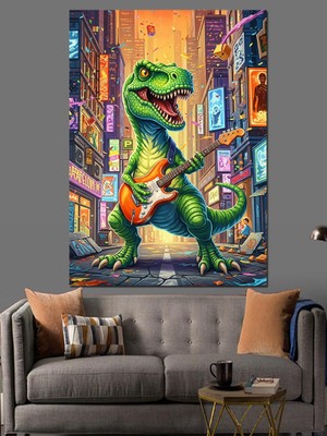 Karizma Tablo Şehirde Gitar Çalan Dinozor Dekoratif Kanvas - Mdf Ahşap Tablo