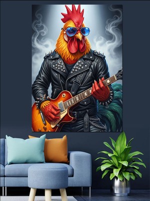 Artmeg Gitar Çalan Horoz Rock Dekoratif Kanvas - Mdf Ahşap Tablo