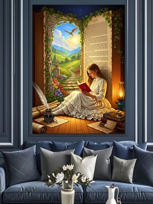 Karizma Tablo Bahçede Kitap Okuyan Kadın Dekoratif Kanvas - Mdf Ahşap Tablo