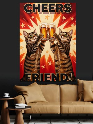 Artmeg Bira Içen Kedi Arkadaş Dekoratif Kanvas - Mdf Ahşap Tablo