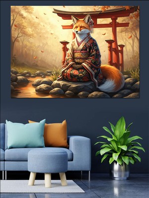 Karizma Tablo Kimonolu Tilki Japon Tapınağı Dekoratif Kanvas - Mdf Ahşap Tablo