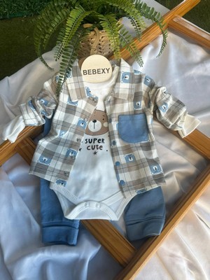 bebexy Ayıcıklı Ceketli  Alt Üst Takım 3 Parça Mavi