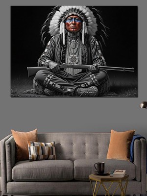 Karizma Tablo Oturan Kızılderili Savaşçı Resmi Dekoratif Kanvas - Mdf Ahşap Tablo