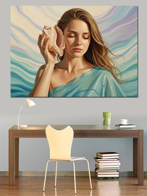 Artmeg Deniz Kabuğu Dinleyen Kadın Dekoratif Kanvas - Mdf Ahşap Tablo