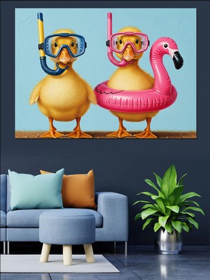 Artmeg Şnorkelli Ördek ve Flamingo Dekoratif Kanvas - Mdf Ahşap Tablo