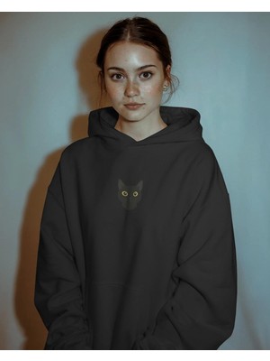 Muhtar Store Bombay Kedili Hoodie Unisex %100 Pamuk | Siyah Kapüşonlu Sweatshirt Göğüs Ortası Minimal Logo