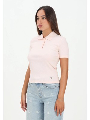 Calvin Klein Kadın Pembe Calvin Klein A - Woven Label 2x2 Rıb Polo Pembe Kadın Polo T-Shirt