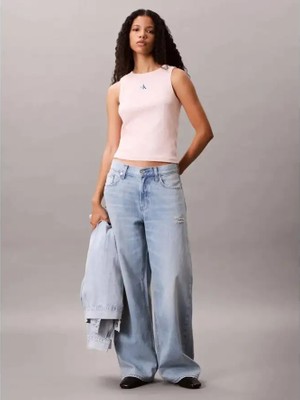 Calvin Klein Kadın Pembe Calvin Klein A- Woven Label Sl Qz Top Pembe Kadın Tişört