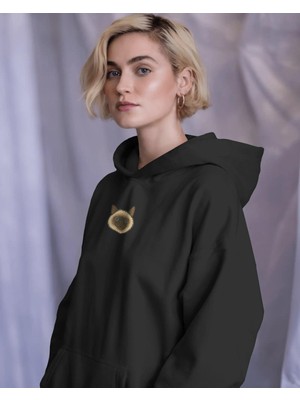 Muhtar Store Siyam Kedili Hoodie Unisex %100 Pamuk | Siyah Kapüşonlu Sweatshirt Göğüs Ortası Minimal Logo
