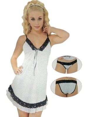 Çamaşır Kenti Pınar Beyaz Puantiyeli Gecelik ve Külottakımı