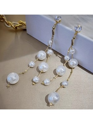 Er Takı Gold Renkli Taşlı Uzun Inci Sallantılı Şık Nişan Kına Nikah Düğün Abiye Küpe