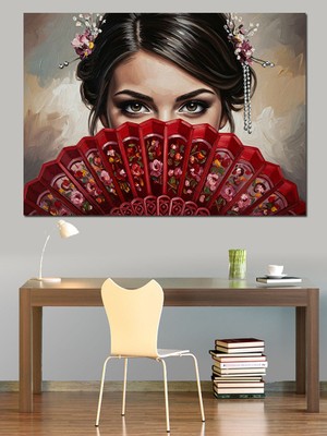 Karizma Tablo Yelpaze Tutan Kadın Gözleri Dekoratif Kanvas - Mdf Ahşap Tablo