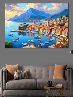Karizma Tablo Renkli Sahil Kasabası Manzarası Dekoratif Kanvas - Mdf Ahşap Tablo