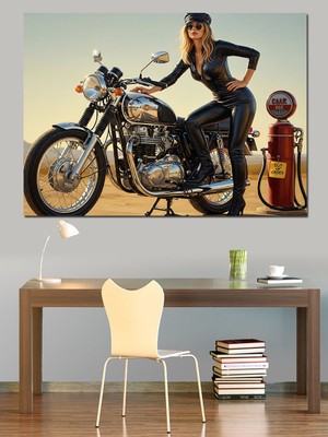 Karizma Tablo Motosiklet Üzerinde Derili Kadın Dekoratif Kanvas - Mdf Ahşap Tablo