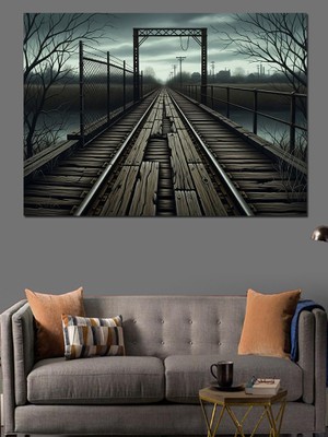 Karizma Tablo Siyah Beyaz Tren Rayları Dekoratif Kanvas - Mdf Ahşap Tablo
