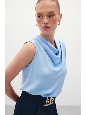 Sateen Degaje Yaka Saten Bluz - Mavi