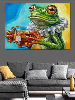 Artmeg Çay Içen Yeşil Kurbağa Dekoratif Kanvas - Mdf Ahşap Tablo