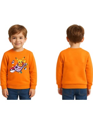 Sedirli Unisex Pikaçu Baskılı Çocuk Swaetshirt 3 Iplik Şardonlu