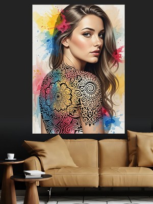 Tablomega Tribal Dövme Desenli Kadın Sırtı Dekoratif Kanvas - Mdf Ahşap Tablo