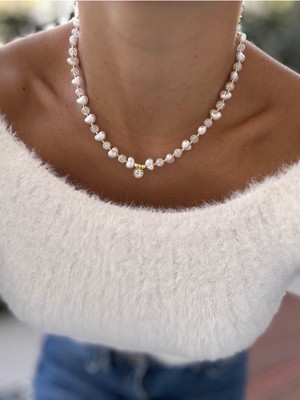 Hercy Barok Incili ve Kırık Cam Boncuklu Zirkon Taş Kolye | Beyaz Kolye | Tek Taş Kolye