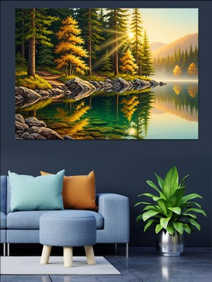 Karizma Tablo Göl ve Orman Manzarası Dekoratif Kanvas - Mdf Ahşap Tablo