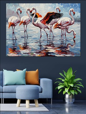 Karizma Tablo Suda Yürüyen Flamingo Sürüsü Dekoratif Kanvas - Mdf Ahşap Tablo