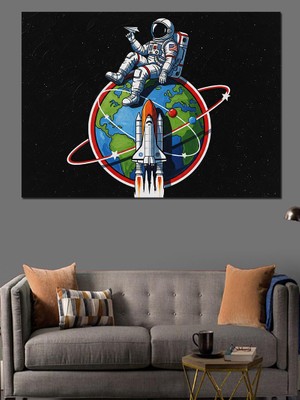Karizma Tablo Roketli Astronot Uzay Çizimi Dekoratif Kanvas - Mdf Ahşap Tablo