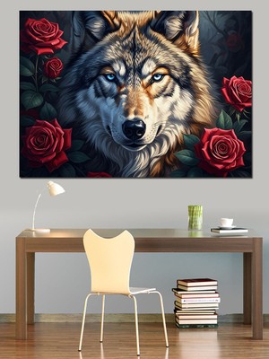 Artmeg Güller Arasında Kurt Başı Dekoratif Kanvas - Mdf Ahşap Tablo