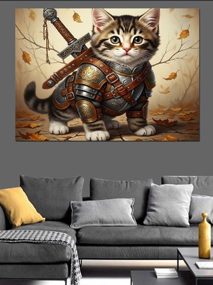 Karizma Tablo Kılıçlı Kedi Savaşçı Çizimi Dekoratif Kanvas - Mdf Ahşap Tablo