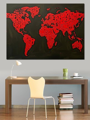 Karizma Tablo Kırmızı Dünya Haritası Dekoratif Kanvas - Mdf Ahşap Tablo