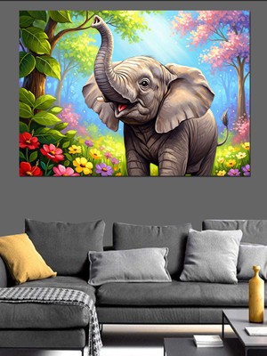 Artmeg Mutlu Fil Yavrusu Çizimi Dekoratif Kanvas - Mdf Ahşap Tablo