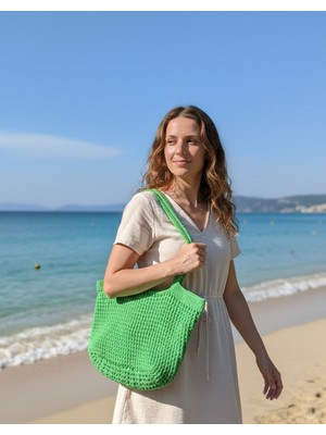 Artepieza Yeşil El Örgüsü Rafya Ip File Plaj Çantası 48X30-HANDMADE Yazlık Plaj File Market Omuz Çantası Büyük Boy