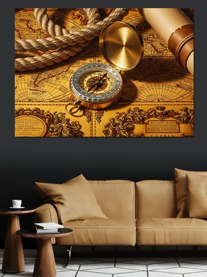 Karizma Tablo Eski Harita Pusula Dürbün Dekoratif Kanvas - Mdf Ahşap Tablo