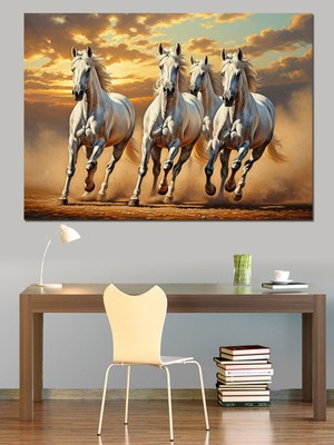 Karizma Tablo Koşan Üç Beyaz At Dekoratif Kanvas - Mdf Ahşap Tablo