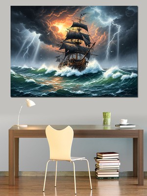 Karizma Tablo Fırtınalı Denizde Yelkenli Gemi Dekoratif Kanvas - Mdf Ahşap Tablo