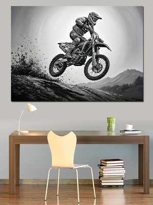 Karizma Tablo Zıplayan Motokrosçu Siyah Beyaz Dekoratif Kanvas - Mdf Ahşap Tablo