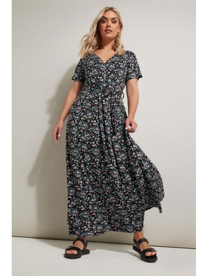 Stil Diva Büyük Beden V Yaka Kısa Kollu Beli Kuşaklı Çiçek Desenli Maxi Elbise 304081