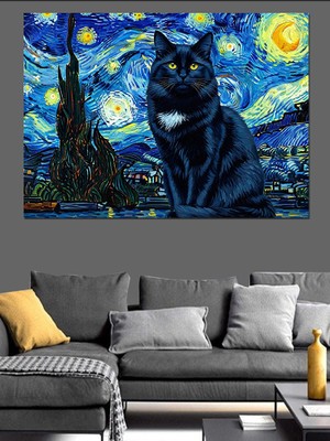 Artmeg Yıldızlı Gece Siyah Kedi Dekoratif Kanvas - Mdf Ahşap Tablo