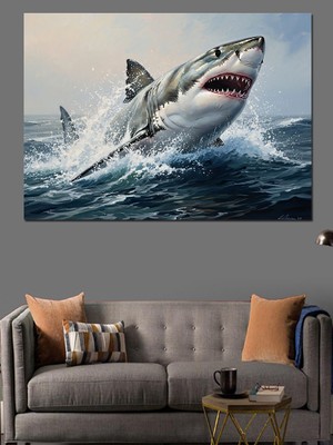 Karizma Tablo Sudan Fırlayan Köpekbalığı Resmi Dekoratif Kanvas - Mdf Ahşap Tablo